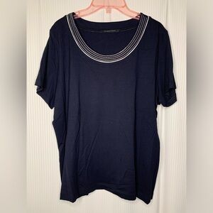 Windsmoor Navy Short Sleeve Shirt Embroidered Scoop Neckline Large